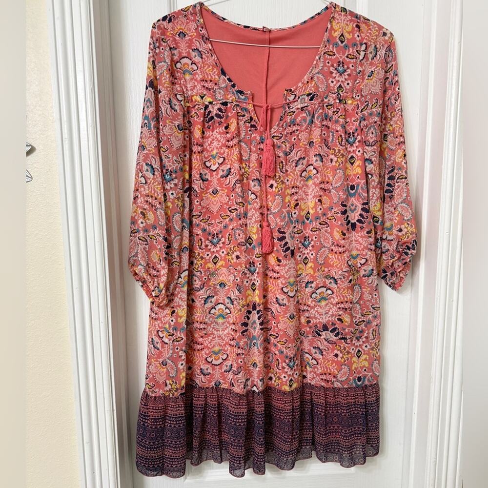 AUW Paisley Floral Pink Boho Tunic Tassel Dress Ruffle Hem Split Neck Size L
